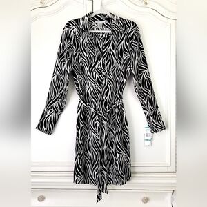 Nine West Black White Patterned Silk Long Sleeve Belted Pullover Dress 16 NWT